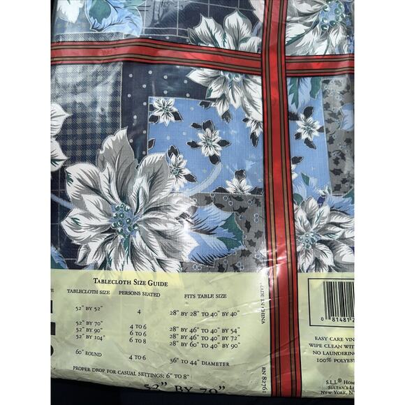 Sultan's Christmas Blue Floral VINYL Table Cloth 52" x 70", 4-6 Seat, Rectangle - Picture 5 of 10